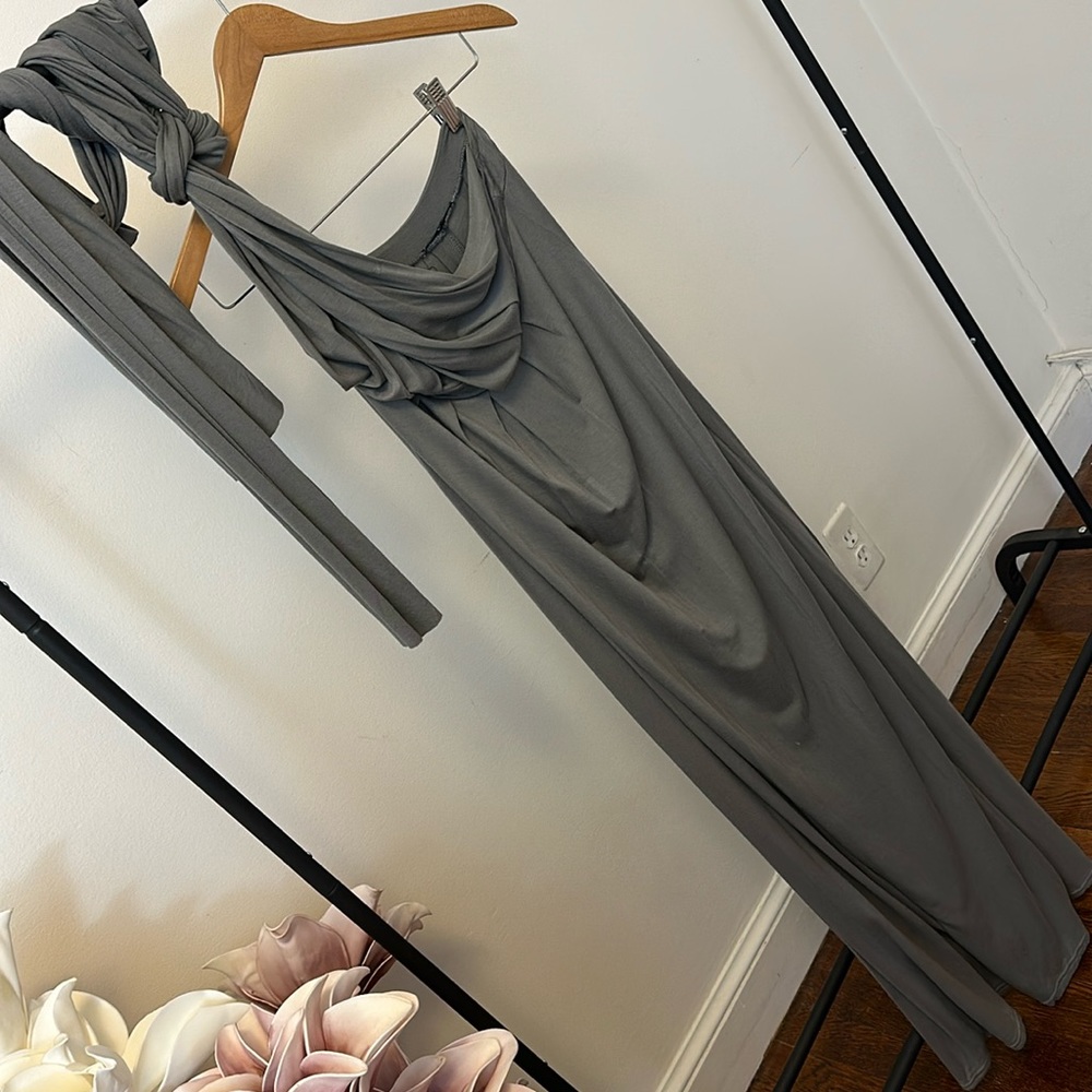 Grey, tie top, floor length dress